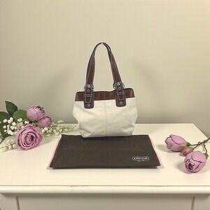 Coach Leather Tote Handbag White Brown Buckle Detail Shoulder Bag